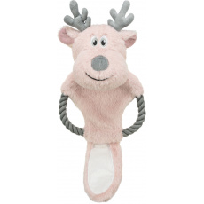 Vianočný sob na lane, šuštivý, 47 cm, plyš/bavlnené lano, ružová/sivá
