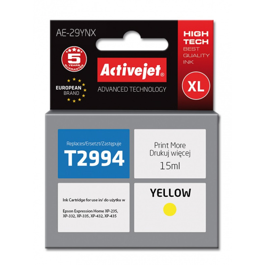 Activejet Inkoust AE-29YNX (náhradní inkoust Epson 29XL T2994; Supreme; 15 ml; žlutý)