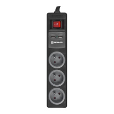 REAL-EL FRS-3 USB Charge Napájecí lišta s přepěťovou ochranou 2x USB 1,8 m Černá