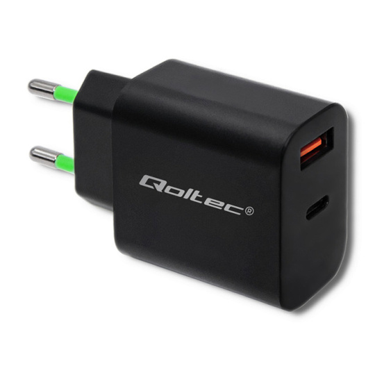 Qoltec 51713 Nabíječka | 18 W | 5-12V | 1,5-3A | USB typu C PD | USB QC 3.0 | Černá