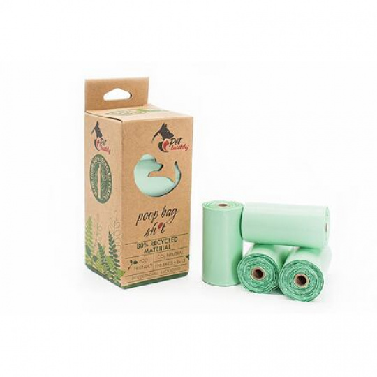PetBuddy recyklované vrecká na psie exkrementy, 8 rolí / á 15 vreciek, zelená s potlačou PetBuddy recyklované vrecká na psie exkrementy, 8 rolí / á 15 vreciek, zelená s potlačou
