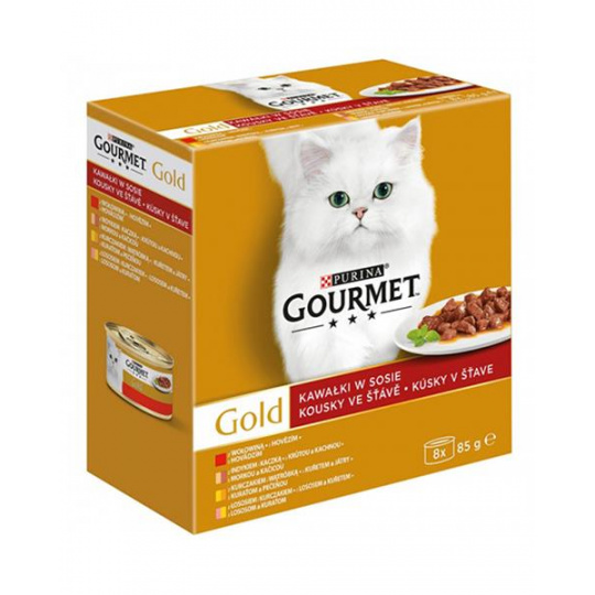 Nestlé GOURMET GOLD Multipack hovädzie, morka s kačicou, losos s kuraťom, kura s pečeňou v šťave konz.8x85 g Nestlé GOURMET GOLD Multipack hovädzie, morka s kačicou, losos s kuraťom, kura s pečeňou v šťave konz.8x85 g