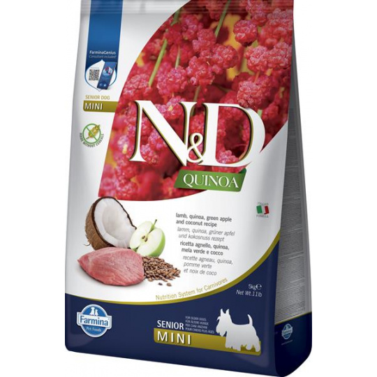 Farmina N&D dog QUINOA (GF) senior mini jahňacie, zelené jablko a kokos 5 kg