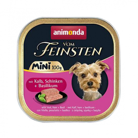 ANIMONDA paštéta Vom Feinsten MINI - teľacie, šunka, bazalka pre psy 100 g ANIMONDA paštéta Vom Feinsten MINI - teľacie, šunka, bazalka pre psy 100 g