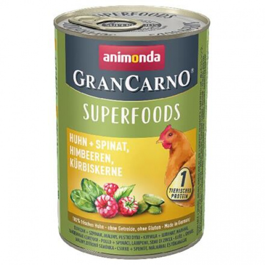 GRANCARNO Superfoods kuracie, špenát, maliny, tekvicové semienka 400 g pre psy GRANCARNO Superfoods kuracie, špenát, maliny, tekvicové semienka 400 g pre psy