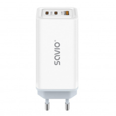 SAVIO LA-07 GaN 65W síťová nabíječka, USB, QC4.0+, PD 3.0, bílá