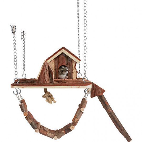 Drevené závesné ihrisko s domčekom JANNE pre myši, škrečky 26x22cm Drevené závesné ihrisko s domčekom JANNE pre myši, škrečky 26x22cm