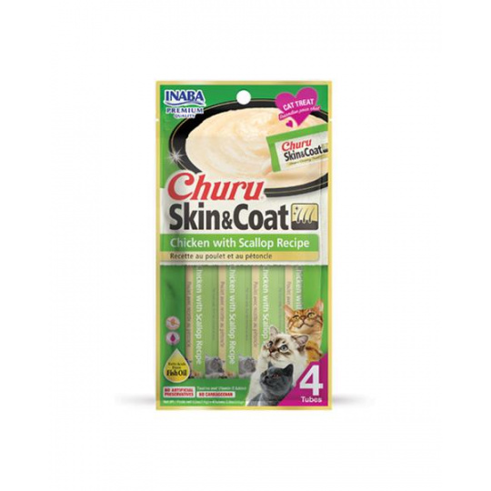 Pamlsek Inaba Churu Skin & Coat cat Kuracie s hrebenatkou 4 tuby 56 g