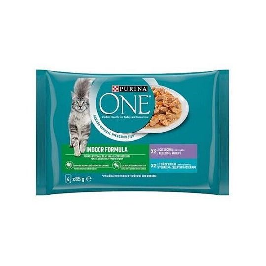 Nestlé PURINA ONE cat Multipack Indoor mini filety s tuniakom a zelenými fazuľkami / s teľacím a mrkvou v šťave NEW 4x85g