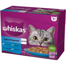 WHISKAS želé sáčky, příchutě: Vlhké krmivo pro kočky: bílá ryba, treska, losos, tuňák - 12x85g