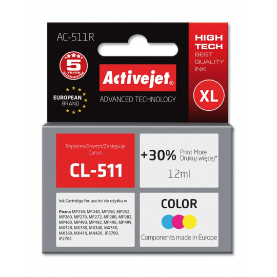 Activejet Inkoust AC-511R (náhrada za Canon CL-511; Premium; 12 ml; barevný)