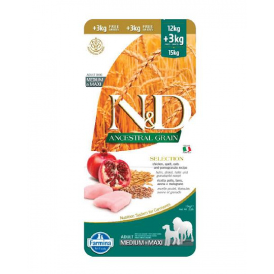 N&D SELECTION adult medium & maxi chicken & pomegranate 12 kg + 3 kg