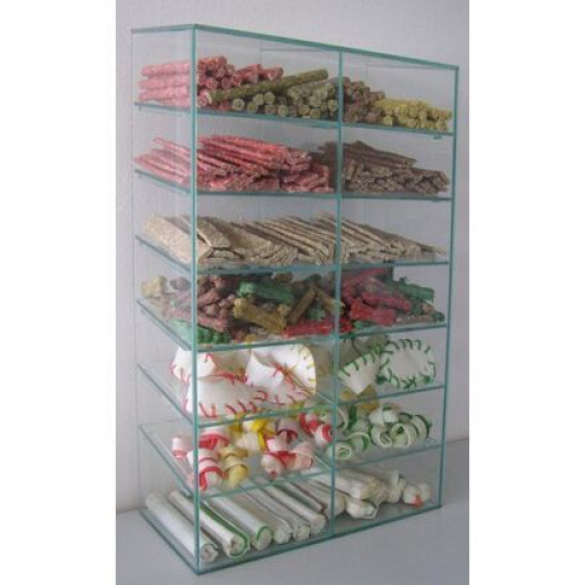 Sklenený zásobník na maškrty - panelák v51/š30/hl15/2x7políc