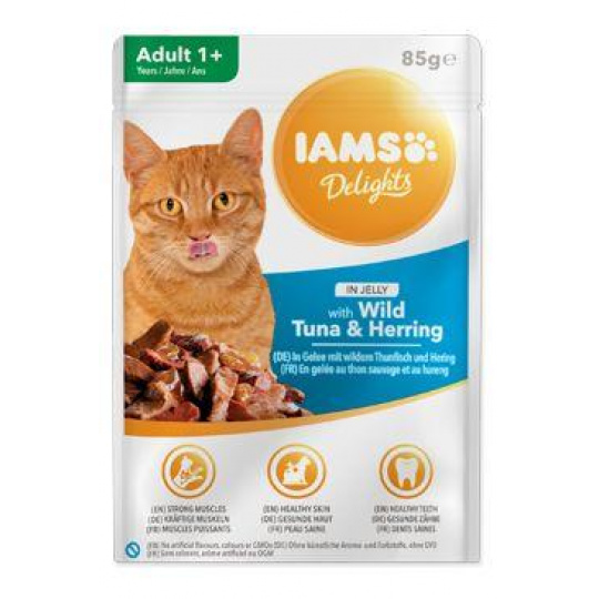 Iams Cat Adult tuniak a sleď v želé kapsička 85g