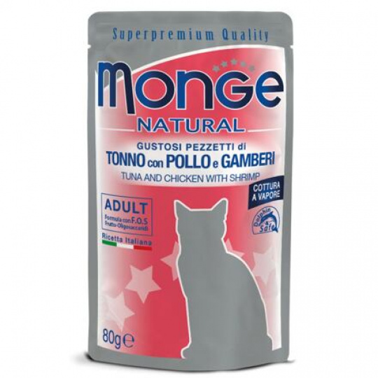 MONGE NATURAL kapsička tuniak a kuracie v želé s krevetami pre mačky 80g MONGE NATURAL kapsička tuniak a kuracie v želé s krevetami pre mačky 80g