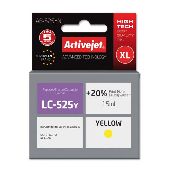 Activejet Inkoust AB-525YN (náhradní inkoust Brother LC525Y; Supreme; 15 ml; žlutý)