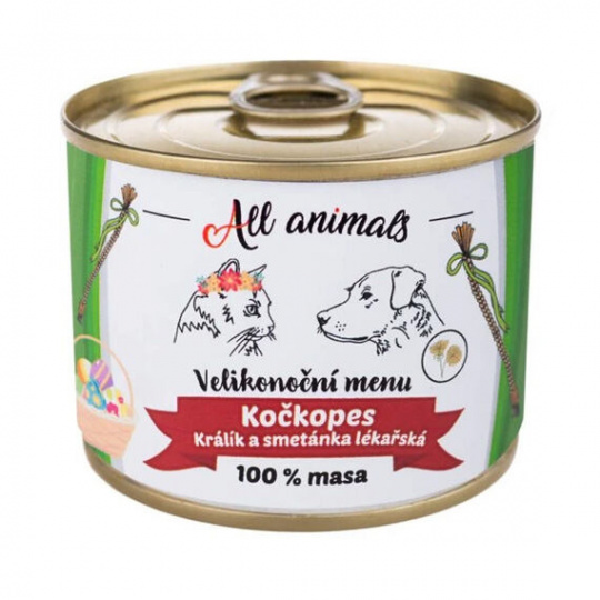 ALL ANIMALS Velikonoční menu KOČKOPES - limitovaná edice konzerva s králíkem a pampeliškou 200 g ALL ANIMALS Velikonoční menu KOČKOPES - limitovaná edice konzerva s králíkem a pampeliškou 200 g