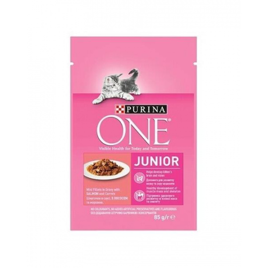 Nestlé PURINA ONE cat Junior mini filé s lososom a mrkvou v šťave 26x85g