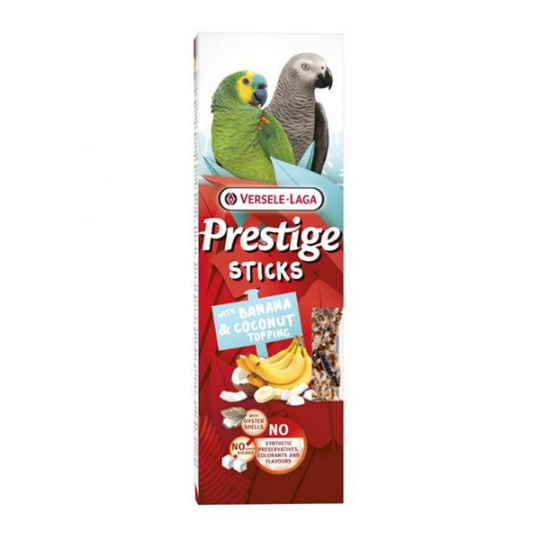 Maškrta VL Prestige Sticks Parrots with Banana & Coconut topping 2 ks - tyčinka pre veľké papagáje s banánom a kokosovou polevou 140 g