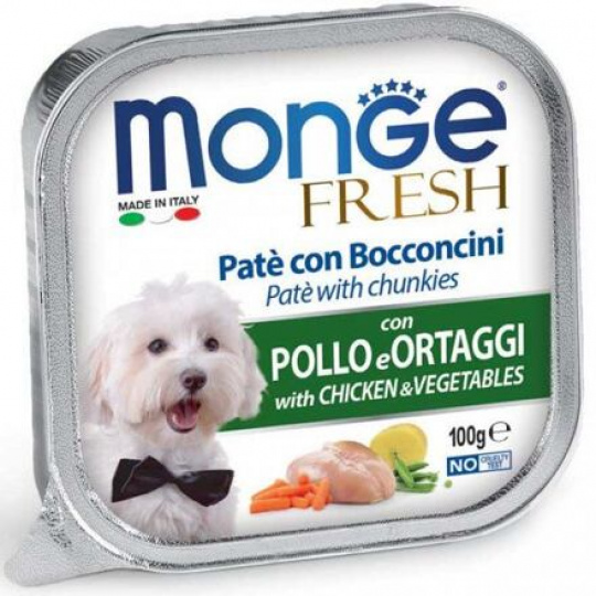 MONGE FRESH - paštéta a kúsky s kuracím mäsom a zeleninou 100g pre psy MONGE FRESH - paštéta a kúsky s kuracím mäsom a zeleninou 100g pre psy