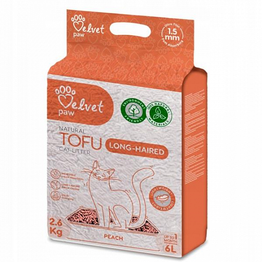 Podstielka pre dlhosrsté mačky Velvet Paw Tofu s broskyňovou esenciou 6 l