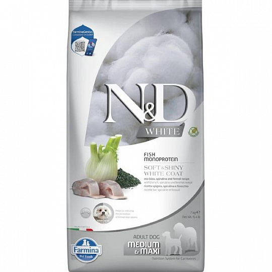 Farmina N&D dog WHITE (GF) adult med/max, morský vlk, spirulina & fenikel 7 kg