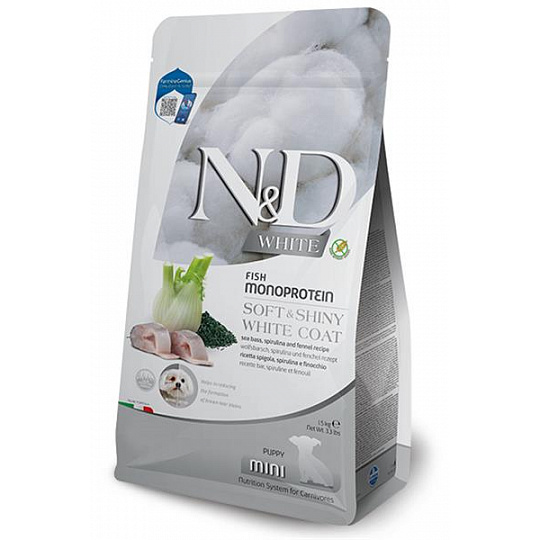 Farmina N&D dog WHITE (GF) puppy mini, morský vlk, spirulina & fenikel 1,5 kg