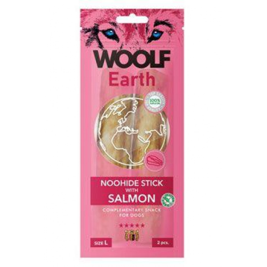 WOOLF pochúťka Earth NOOHIDE L Sticks with Salmon 85g WOOLF pochúťka Earth NOOHIDE L Sticks with Salmon 85g