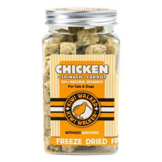 Pochúťka mrazom sušené kurča, špenát, mrkva 65g Kiwi Pochúťka mrazom sušené kurča, špenát, mrkva 65g Kiwi