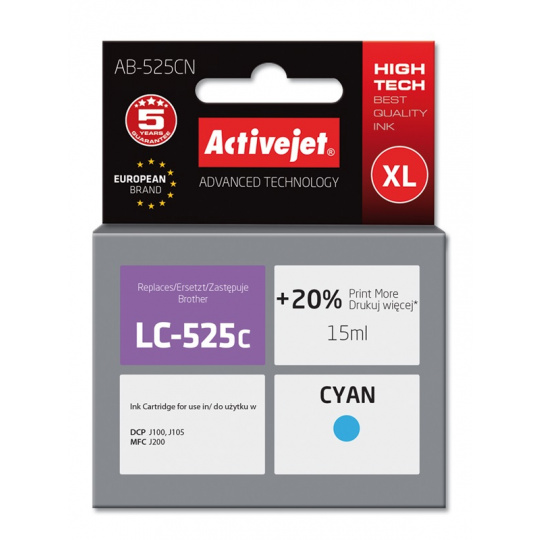 Activejet Inkoust AB-525CN (náhradní inkoust Brother LC525C; Supreme; 15 ml; modrý)