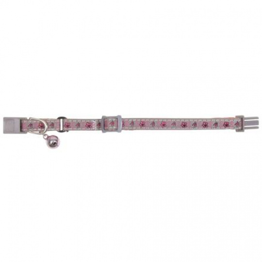 Reflexný obojok pre mačiatka s rolničkou, šedo/ružový s kvietkami Reflexný obojok pre mačiatka s rolničkou, šedo/ružový s kvietkami