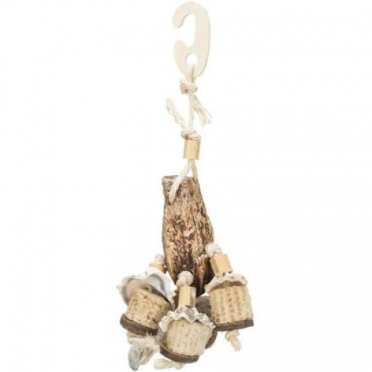 Závesná prírodná hračka pre papagáje, mahagón/mušle, 26 cm Závesná prírodná hračka pre papagáje, mahagón/mušle, 26 cm