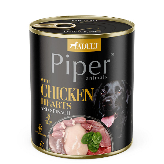 NEW PIPER s kuracími srdiečkami a špenátom, konzerva pre psy 800 g