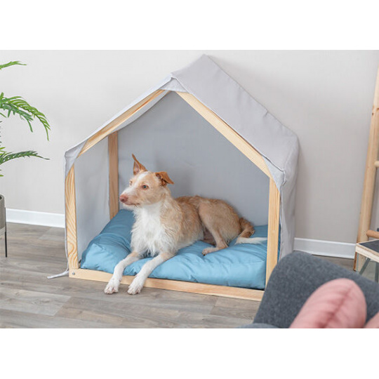 LIAS látková búda do interiéru 88 x 89 x 61 cm, drevený rám, piesková/modrá LIAS látková búda do interiéru 88 x 89 x 61 cm, drevený rám, piesková/modrá